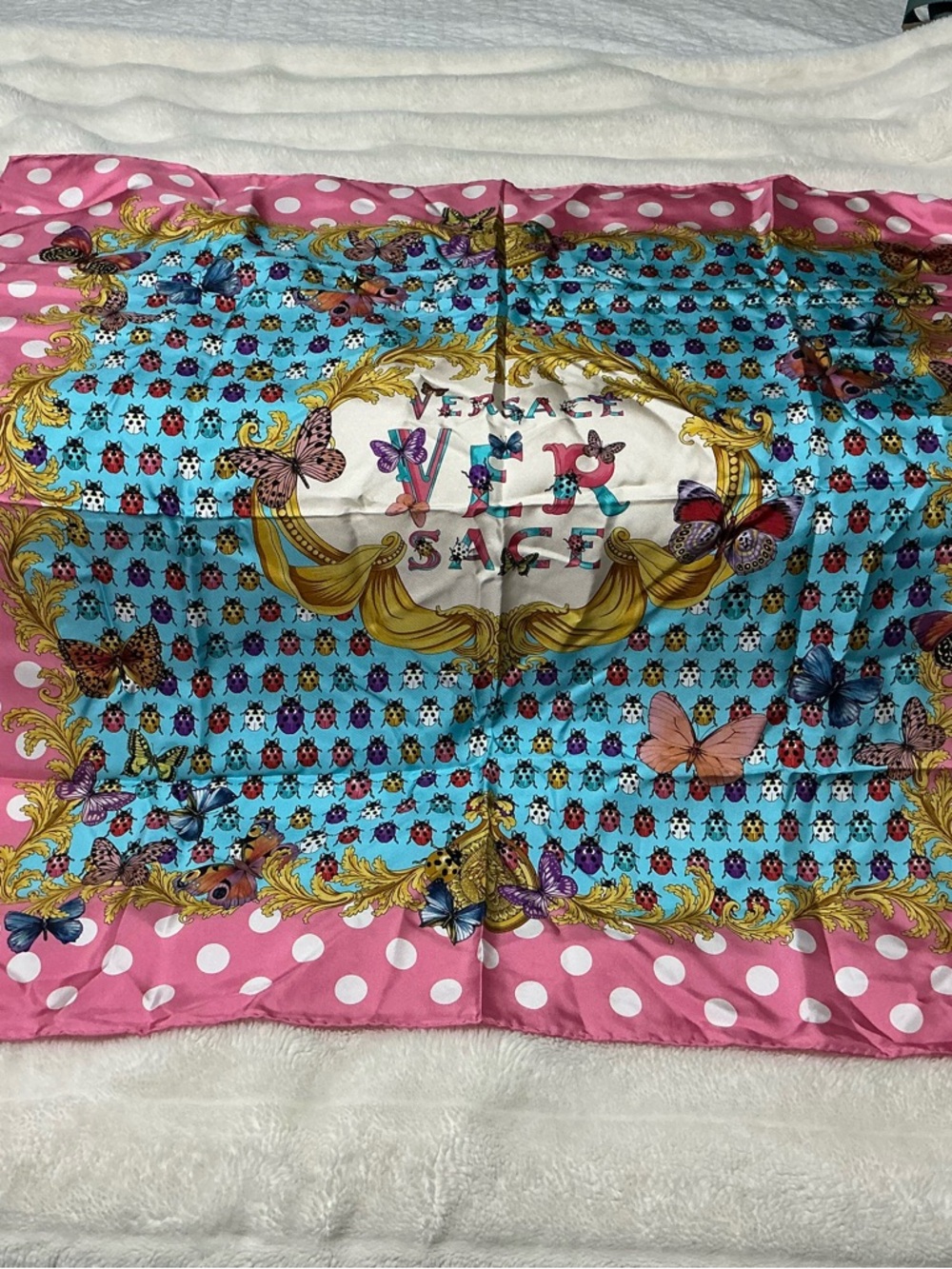 Versace Pink Polka Dot Scarf with Multicolor Butterflies and Gold Accents